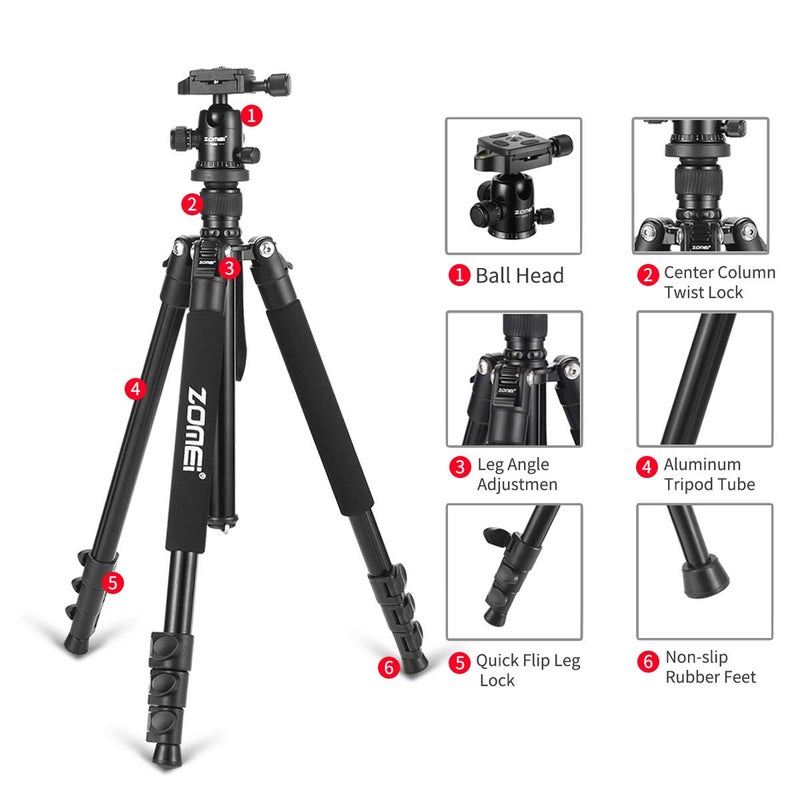 Zomei 62.5'' Camera Tripod,Zomei Q555 Lightweight Aluminum Portable Travel Tripod Stand with 360 Degree Ball Head for Vlog Nikon Canon Sony All DSLR and Digital Camera(Blue) - Image 3
